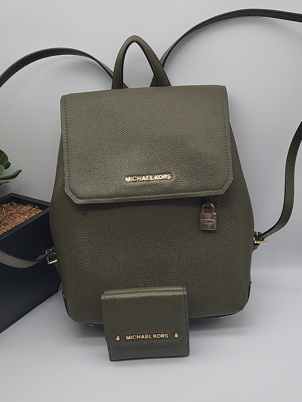 Michael Kors Olive Green Pebbled Leather Backpack with Gold Hardware
